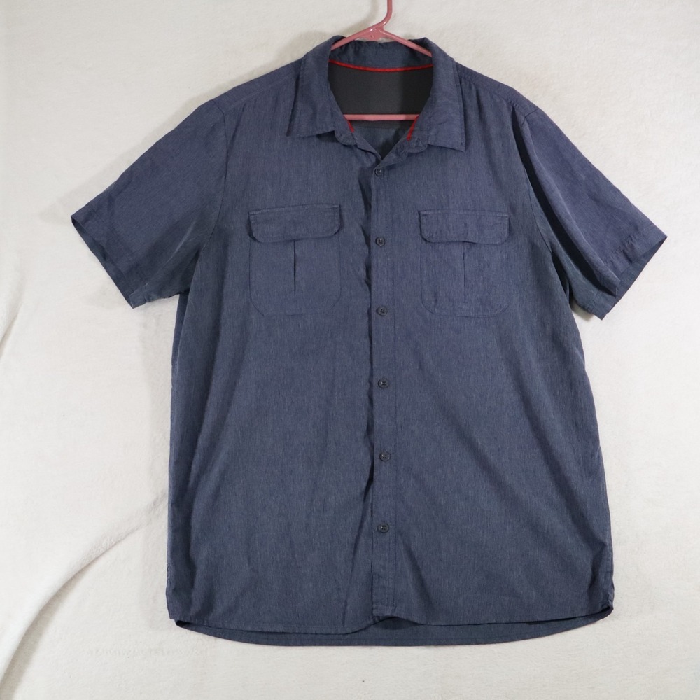 ZeroXposur Travel Series Mens Short Sleeve Shirt L Heather Navy Flap Pockets